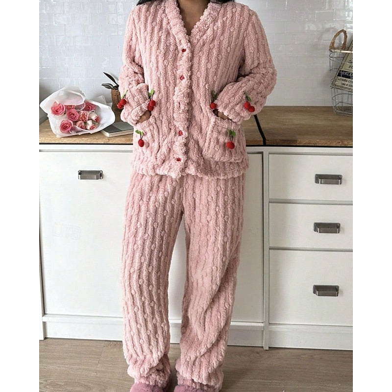 Pink fluffy cherry-detail Loungewear Set