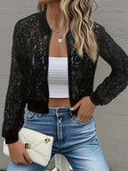 Lace bomber jacket with ribbed collar and cuffs, back view