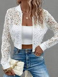 Lace embroidered mesh bomber jacket with zip front in white, front view