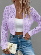 Lace embroidered mesh bomber jacket in purple colourway, styled look
