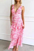 Women's Sleeveless V-Neck Layered Maxi Dress full look - Elegant Wedding Guest Maxi Dress