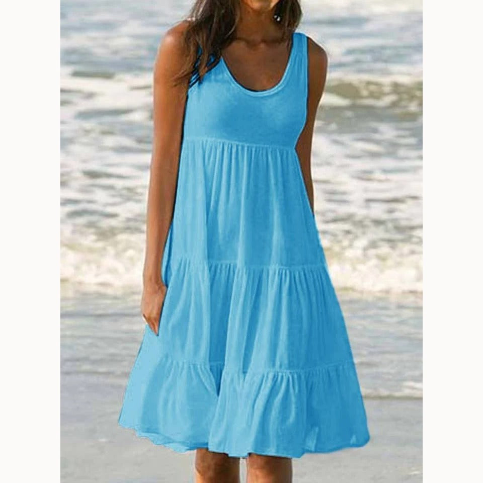 Tiered boho midi dress women's sleeveless side view | Alba Muse