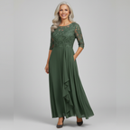 Women's lace bodice midi dress in green – three quarter sleeve front view