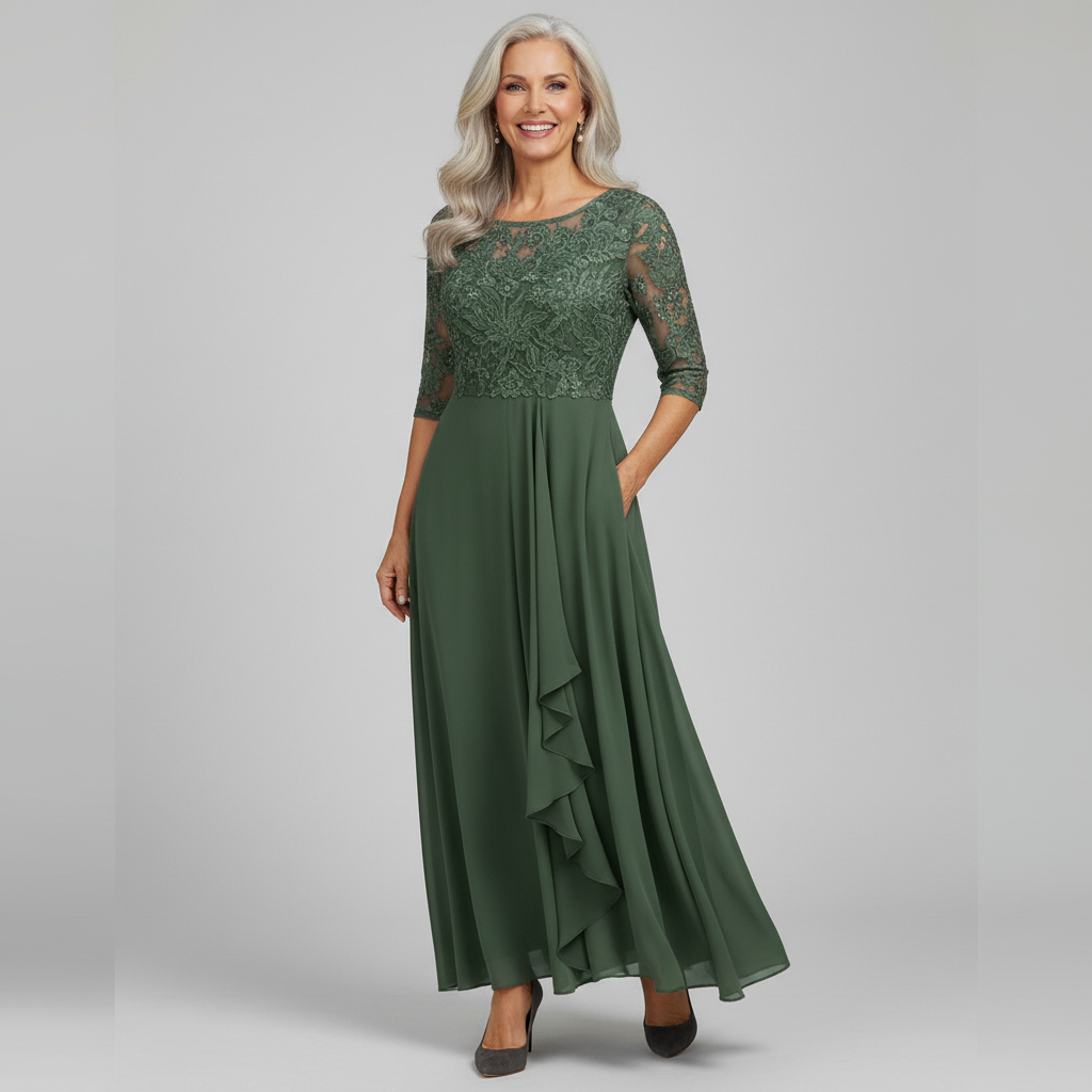 Women's lace bodice midi dress in green – three quarter sleeve front view
