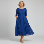 Women's lace bodice midi dress in blue – three quarter sleeve front view