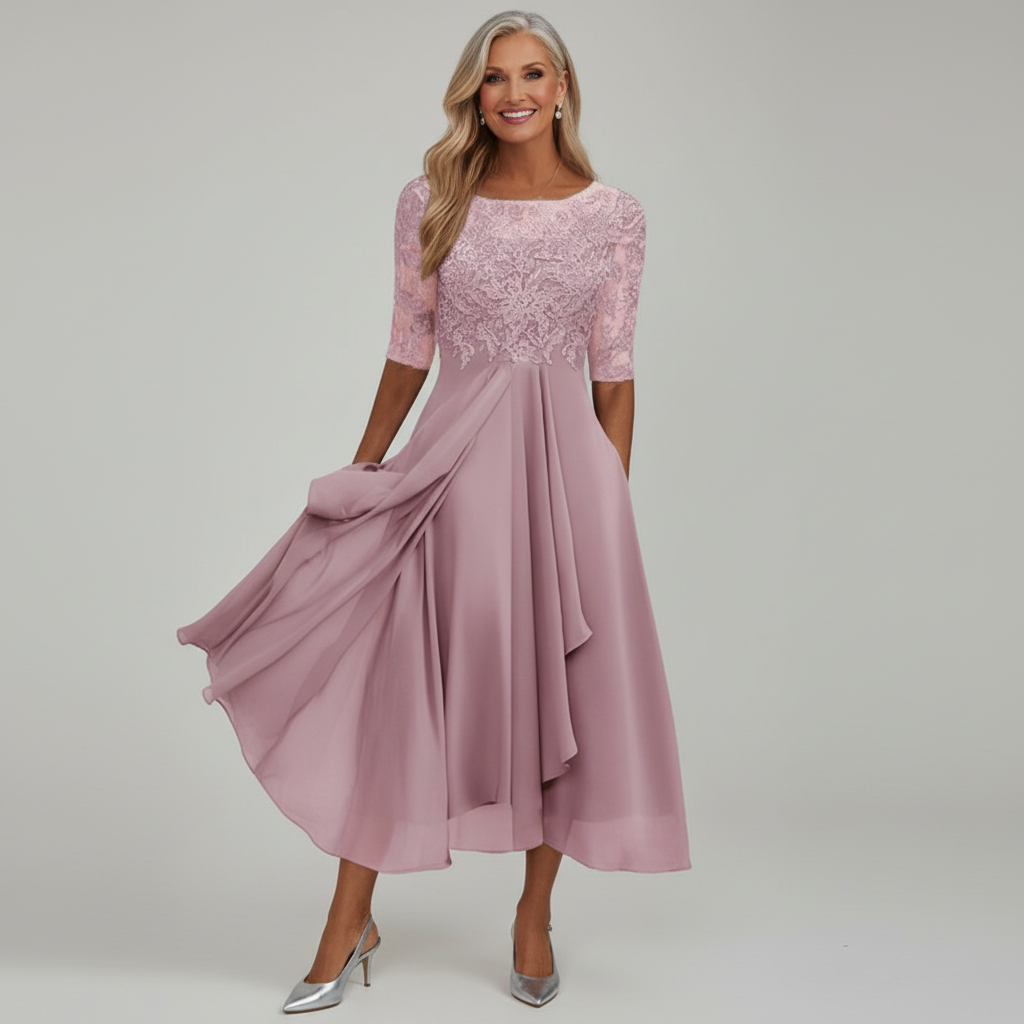 Women's lace bodice midi dress in pink mauve – three quarter sleeve front view