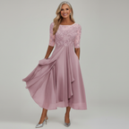 Women's lace bodice midi dress in pink mauve – three quarter sleeve front view