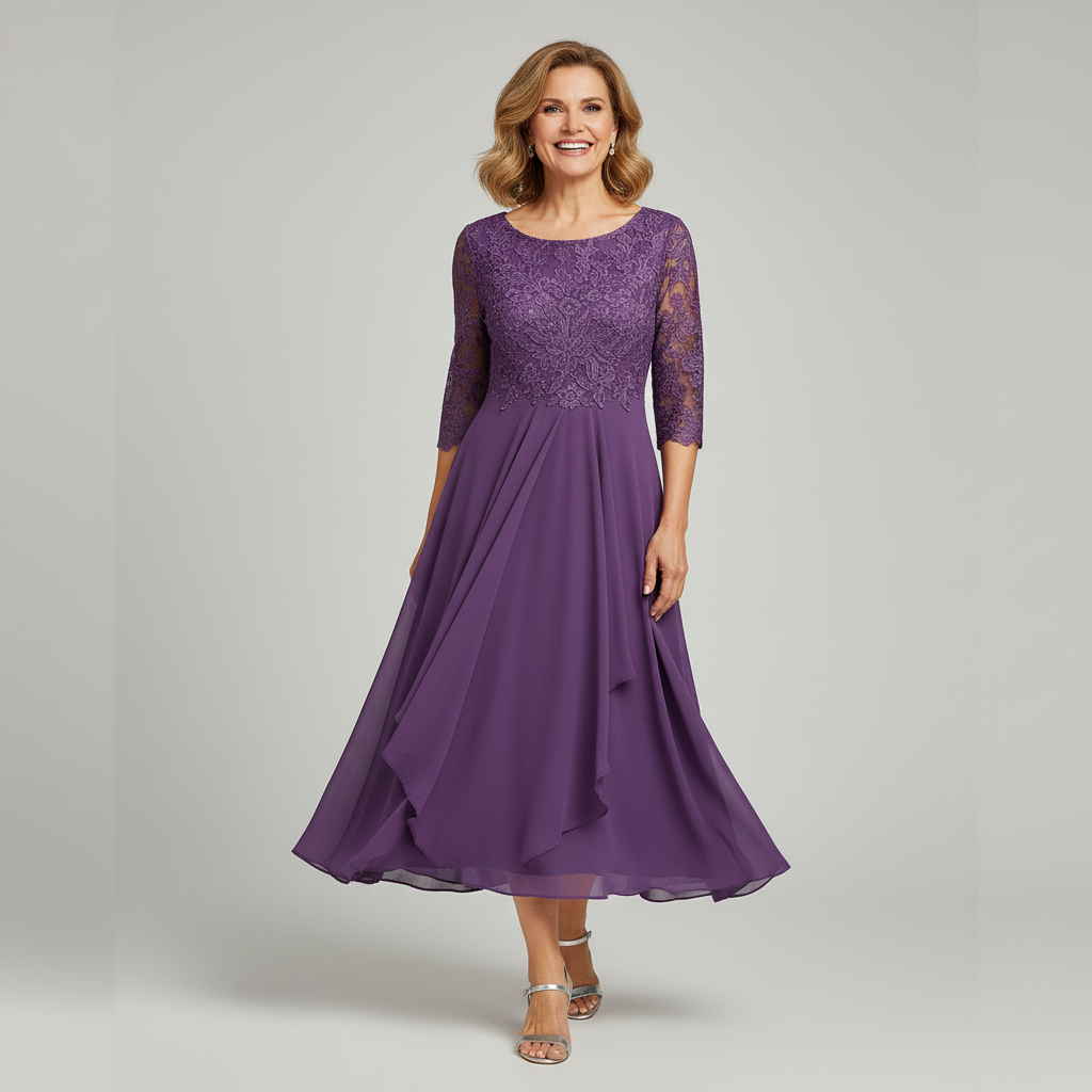 Women's lace bodice midi dress in purple – three quarter sleeve front view