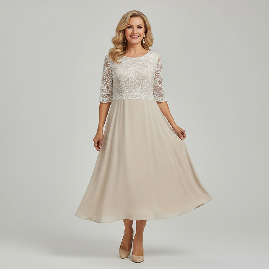 Women's lace bodice midi dress in beige – three quarter sleeve front view