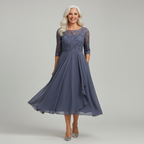 Women's lace bodice midi dress in grey – three quarter sleeve front view