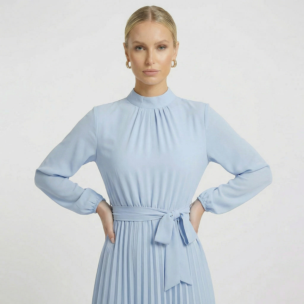 Acethetiq's | Women’s Long Sleeve Midi Dress Pleated Belted Slim Fit