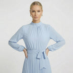 Acethetiq's | Women’s Long Sleeve Midi Dress Pleated Belted Slim Fit