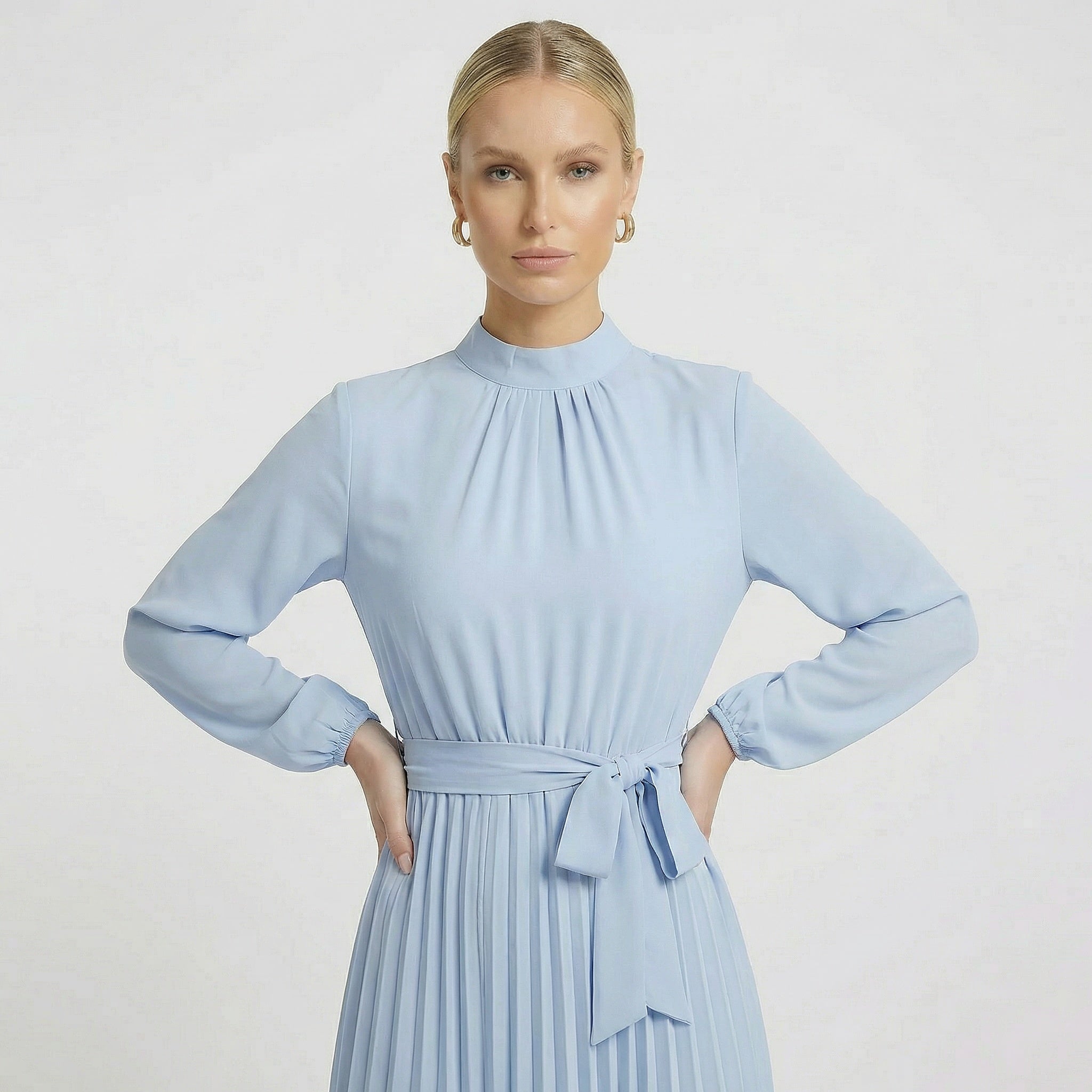 Acethetiq's | Women’s Long Sleeve Midi Dress Pleated Belted Slim Fit