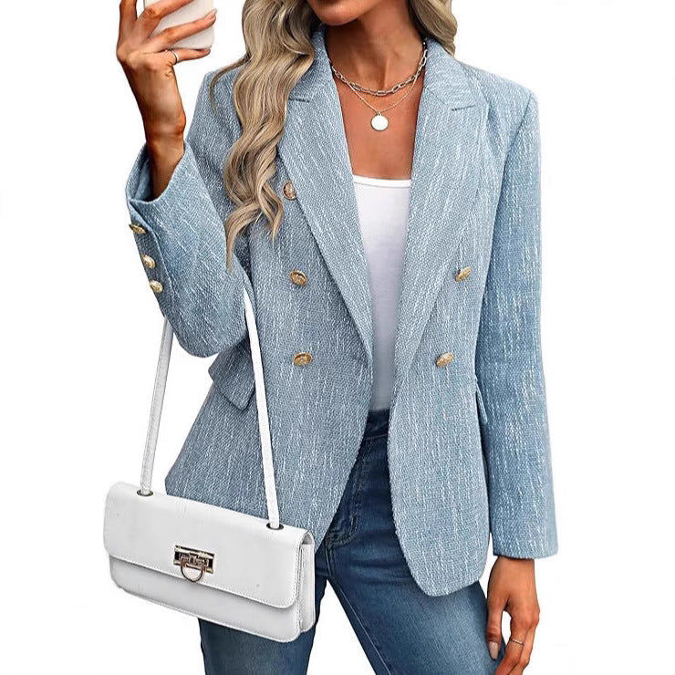 Light blue double breasted tailored blazer, front view
