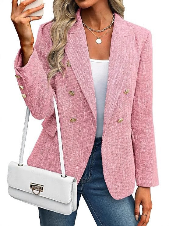 Light pink double breasted tailored blazer, close-up front view