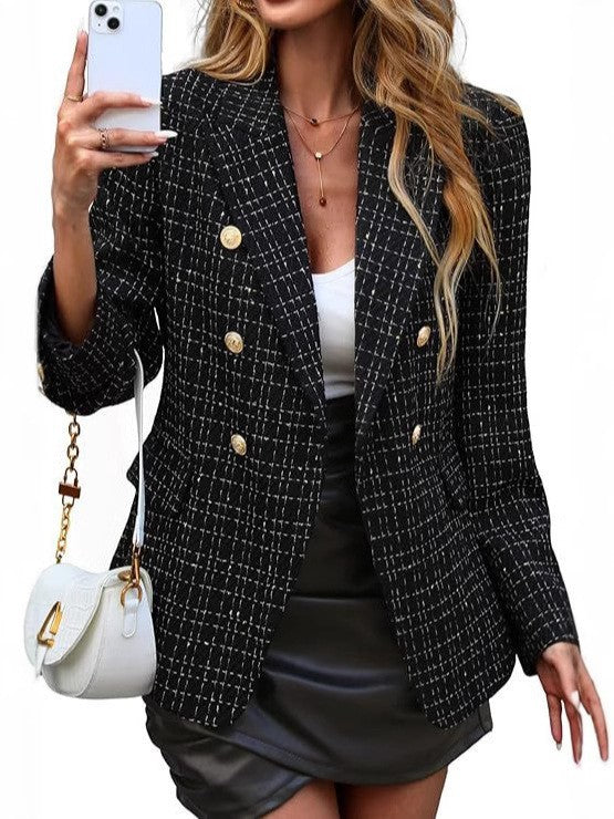 Black double breasted tailored blazer, front view