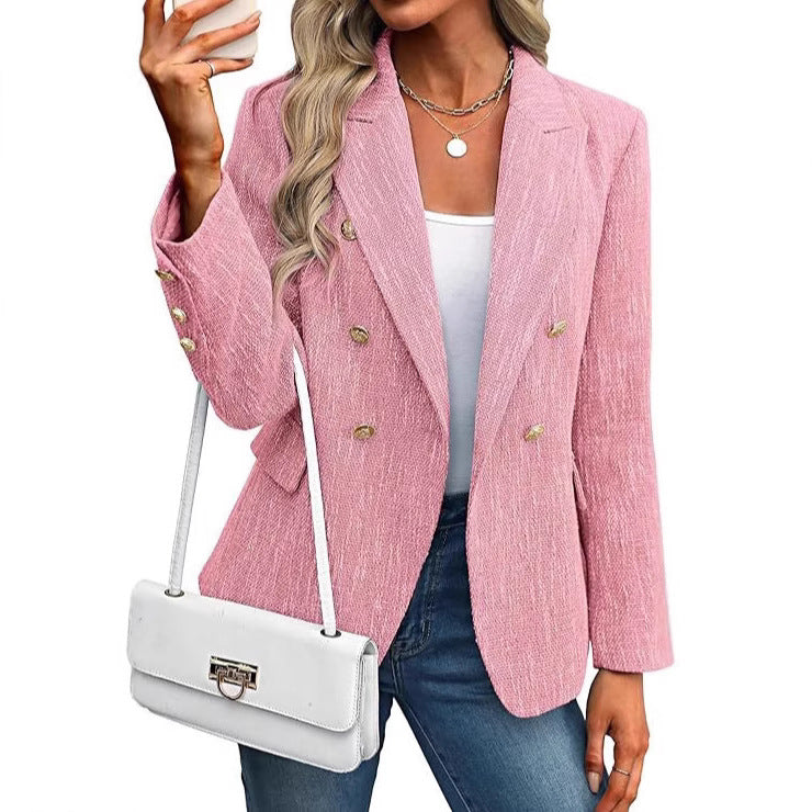 Light pink double breasted tailored blazer, front view