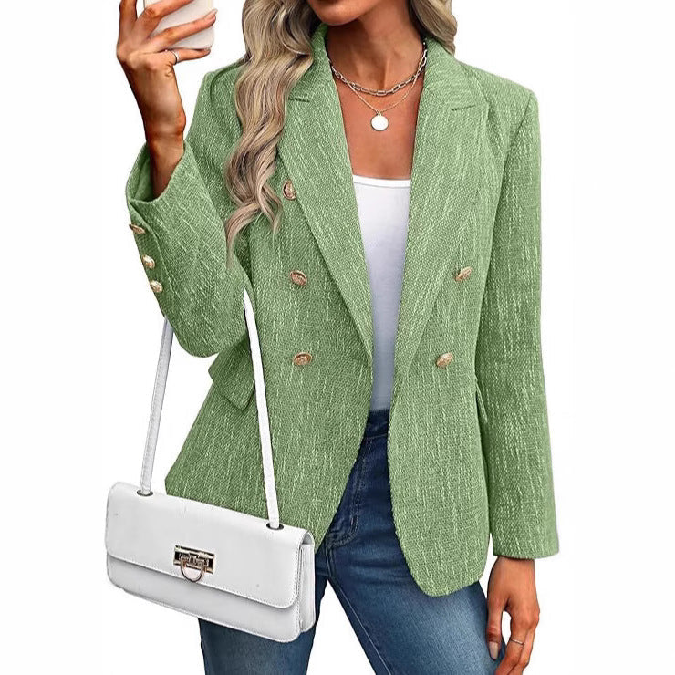 Green double breasted tailored blazer, front view