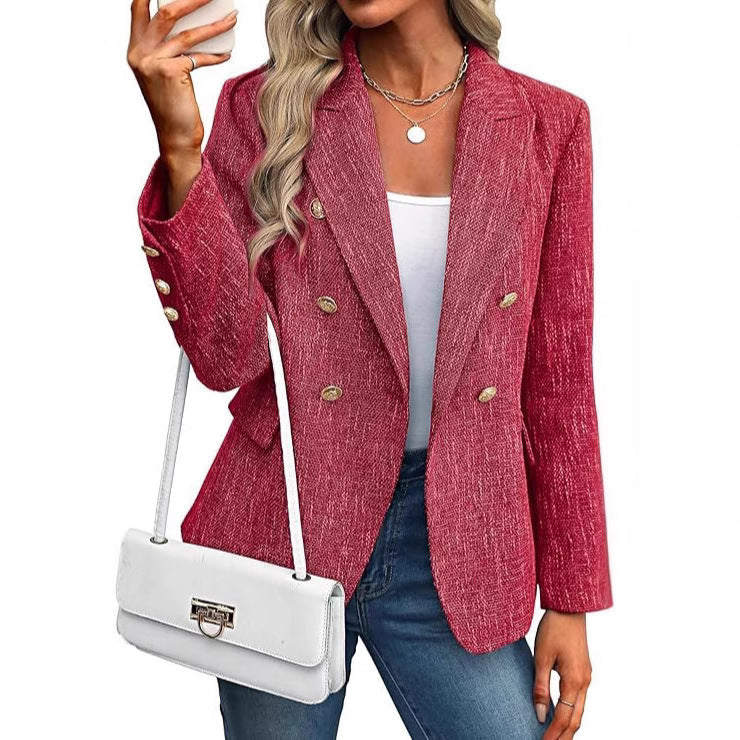Red double breasted tailored blazer, close-up front view