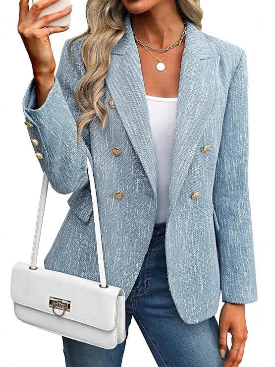 Light blue double breasted tailored blazer, close-up front view