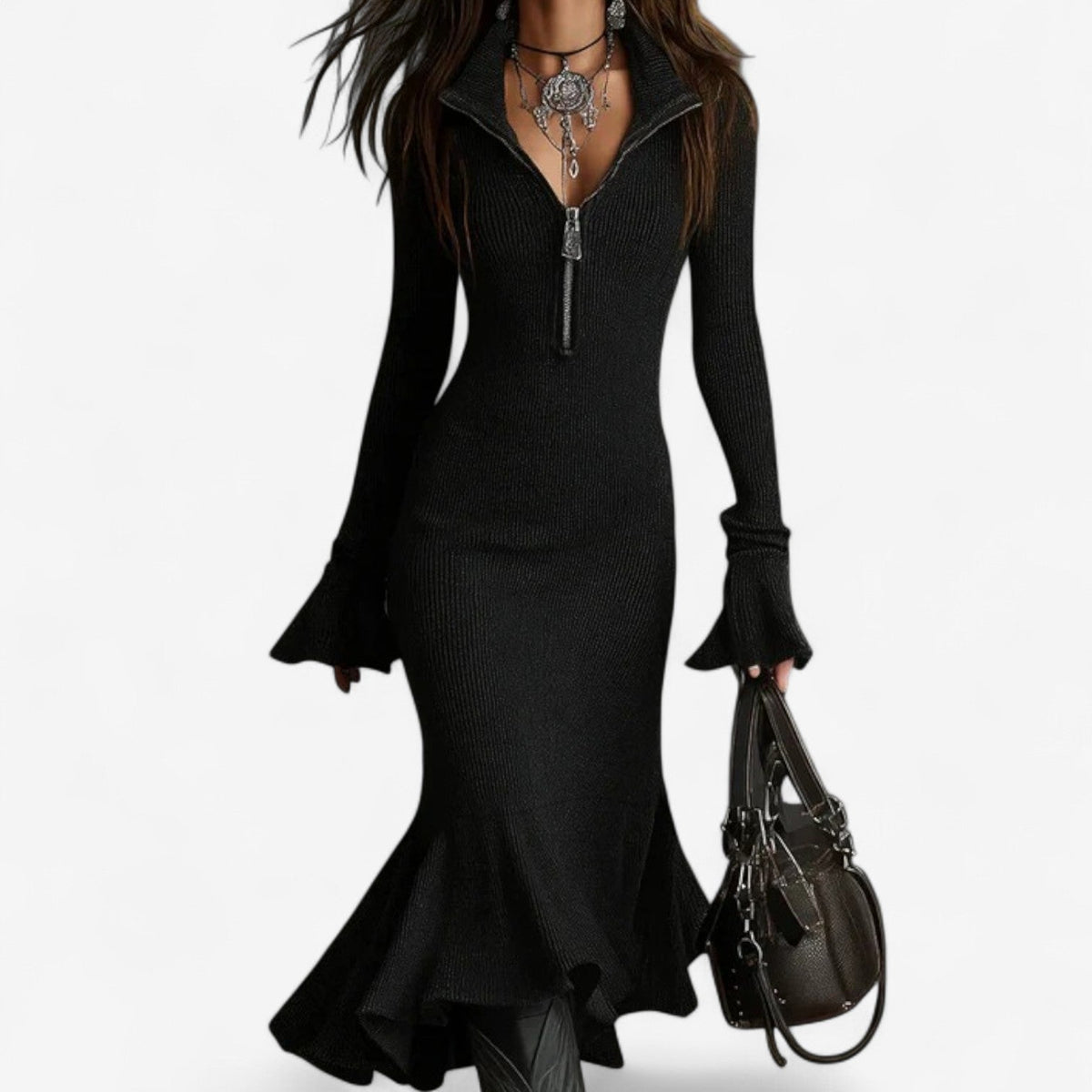 Zip collar fluted midi jumper dress with midi length