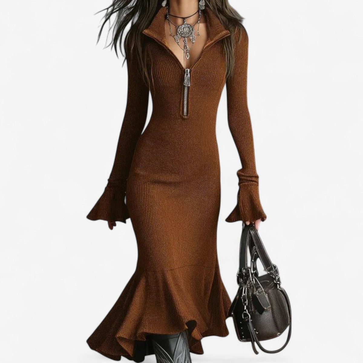 Zip collar fluted midi jumper dress with a fluted skirt
