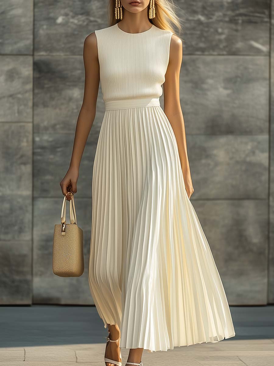 Cream knit sleeveless maxi dress, front view