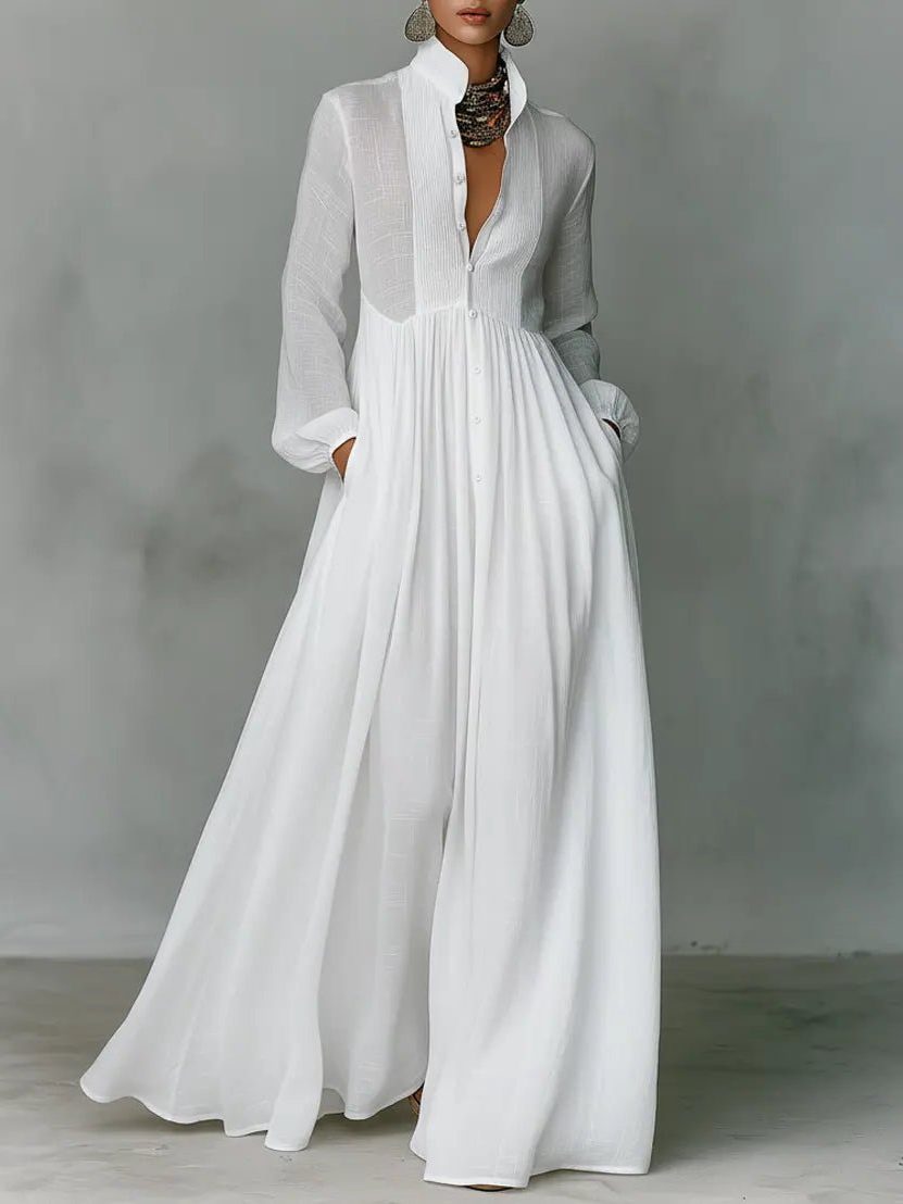White linen blend maxi shirt dress with stand collar and button front, front view