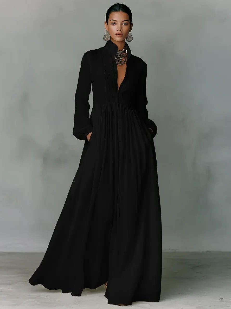Linen Blend Maxi Shirt Dress with Stand Collar and Pockets