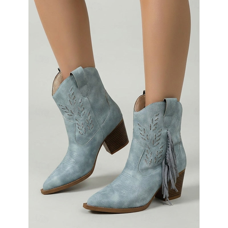 Blue Western Ankle Boots worn on model, side angle view