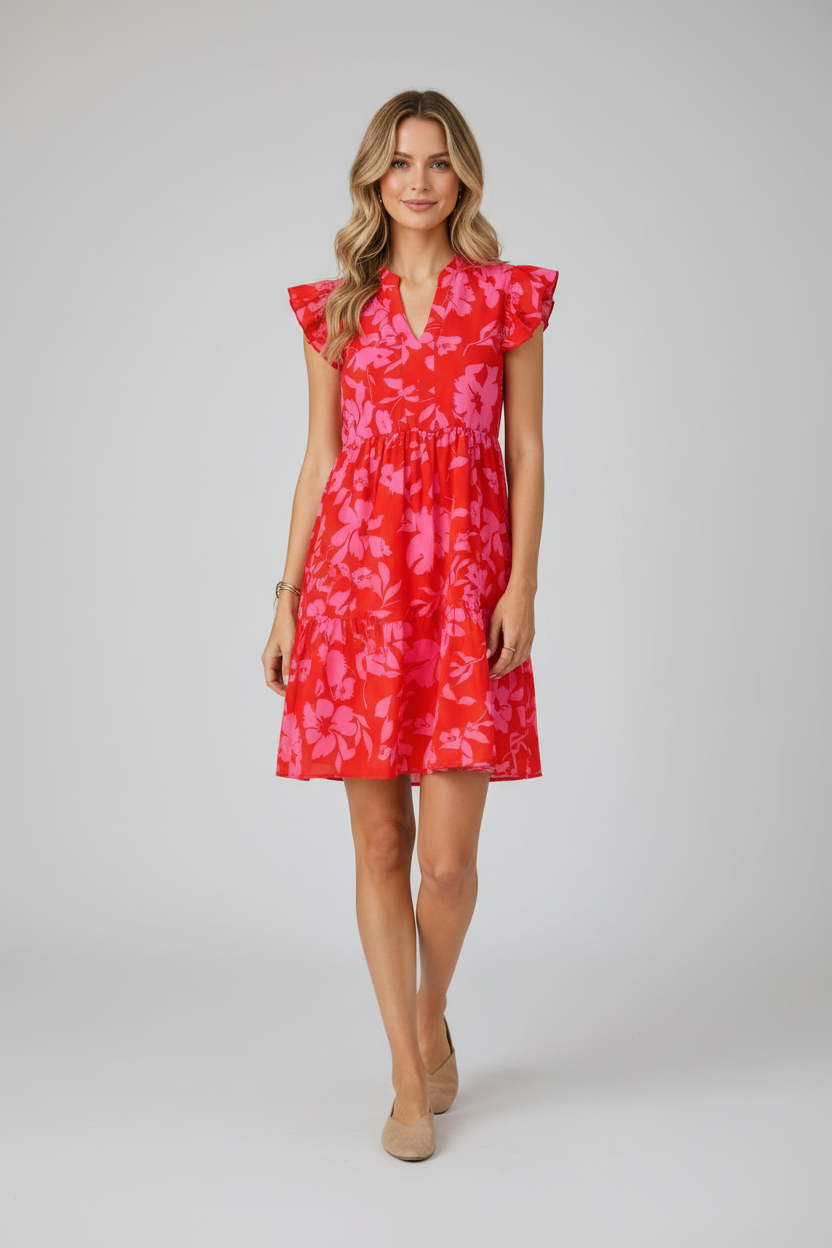 Women's floral mini dress with puff sleeves in pink