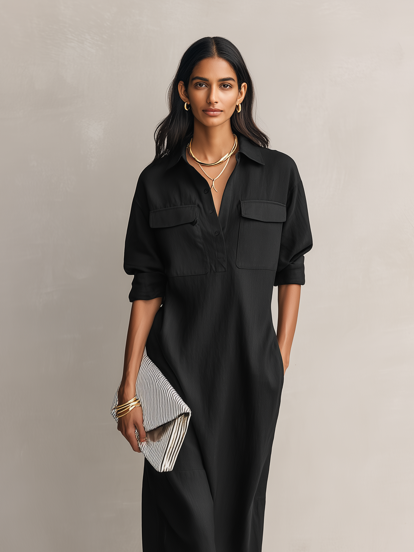 Black shirt collar short sleeve midi dress