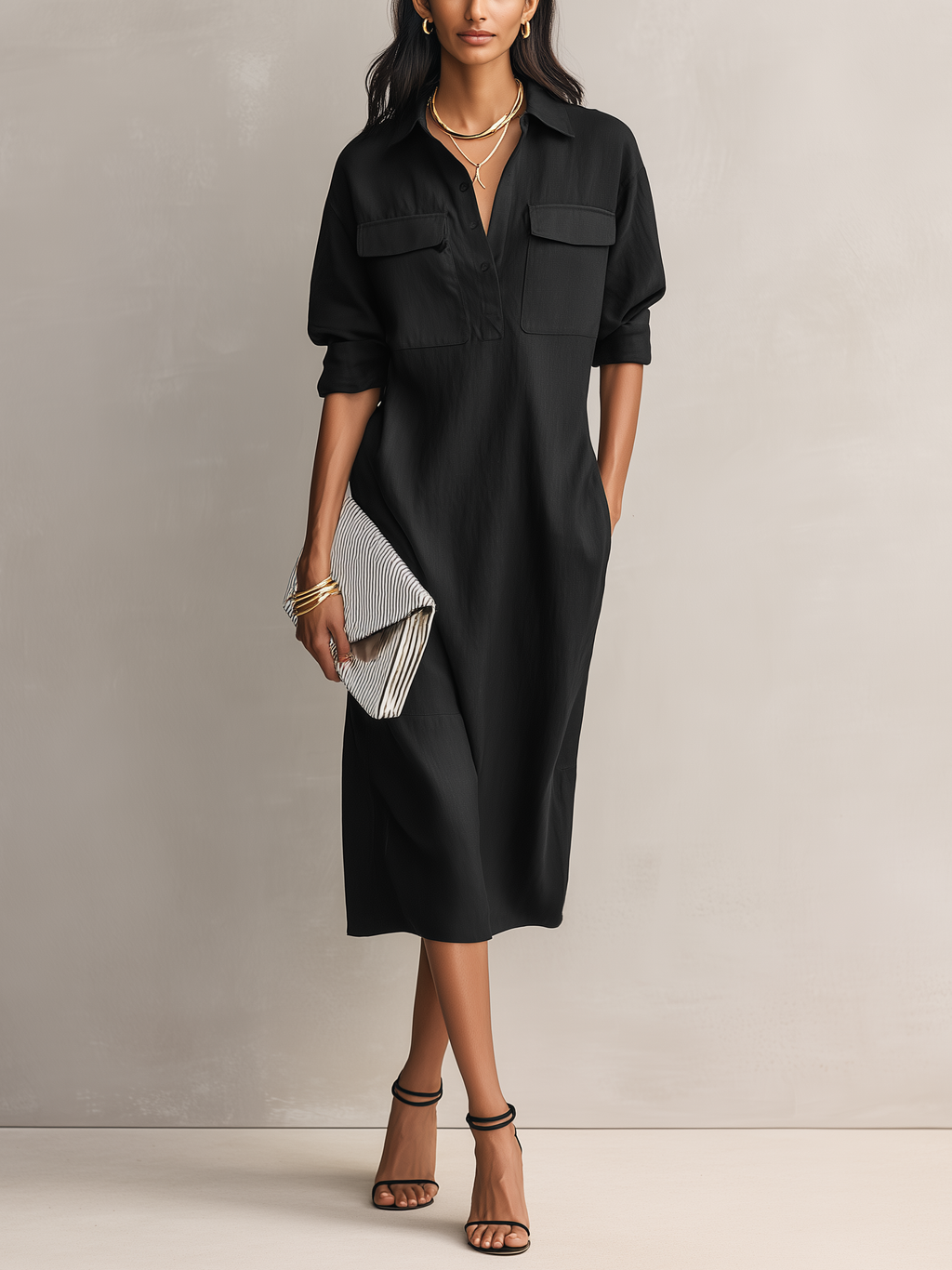 Black shirt collar short sleeve midi dress, front view