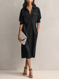 Black shirt collar short sleeve midi dress, front view
