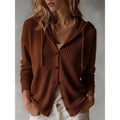 Maroon hooded button-front cardigan, front view