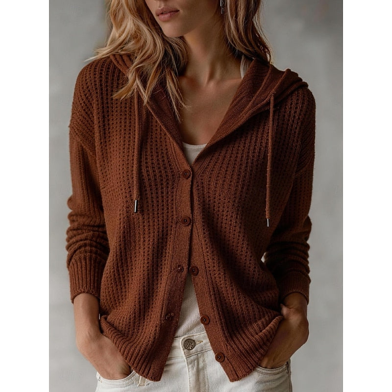 Maroon hooded button-front cardigan, front view