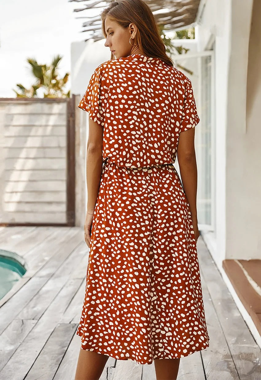 Women's Light Print Flowing Midi Dress styled look - Casual Summer Wedding Guest Midi Dress