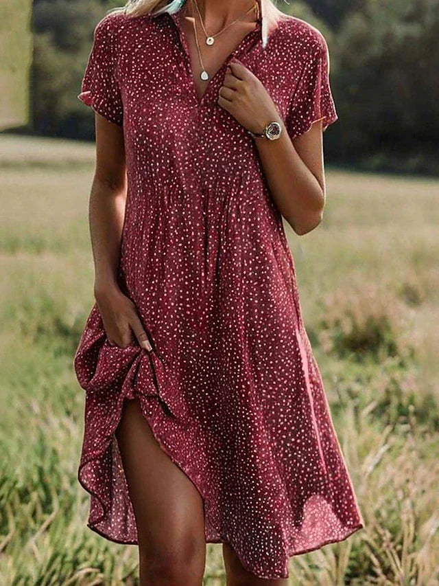 Women's Polka Dot Collared V-Neck A-Line Casual Dress side view - Playful Summer Casual Dress