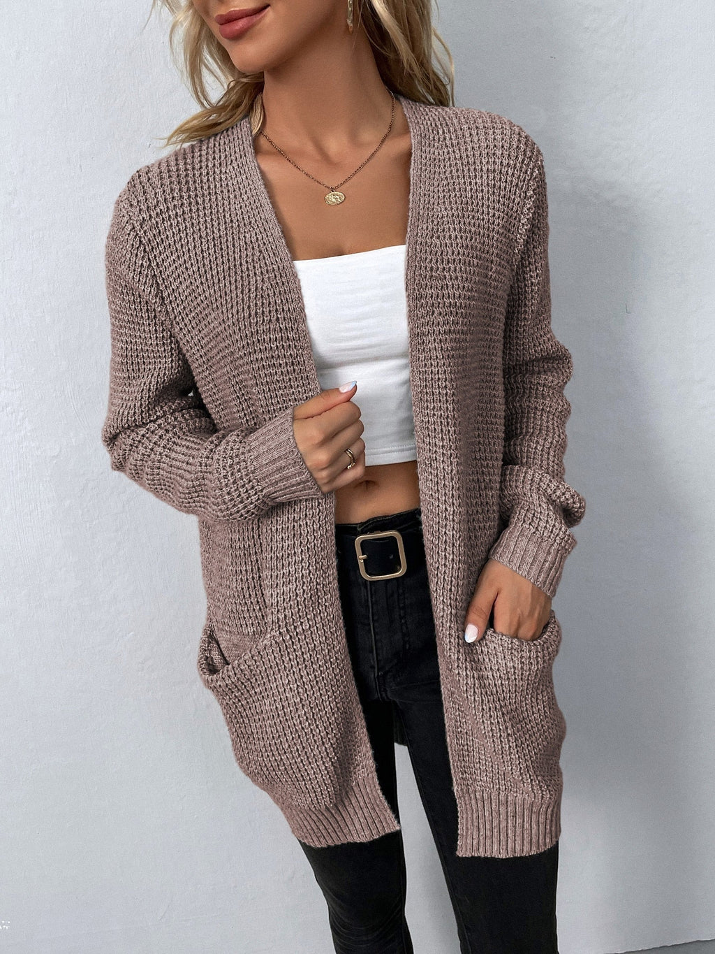 Gray relaxed open-front cardigan