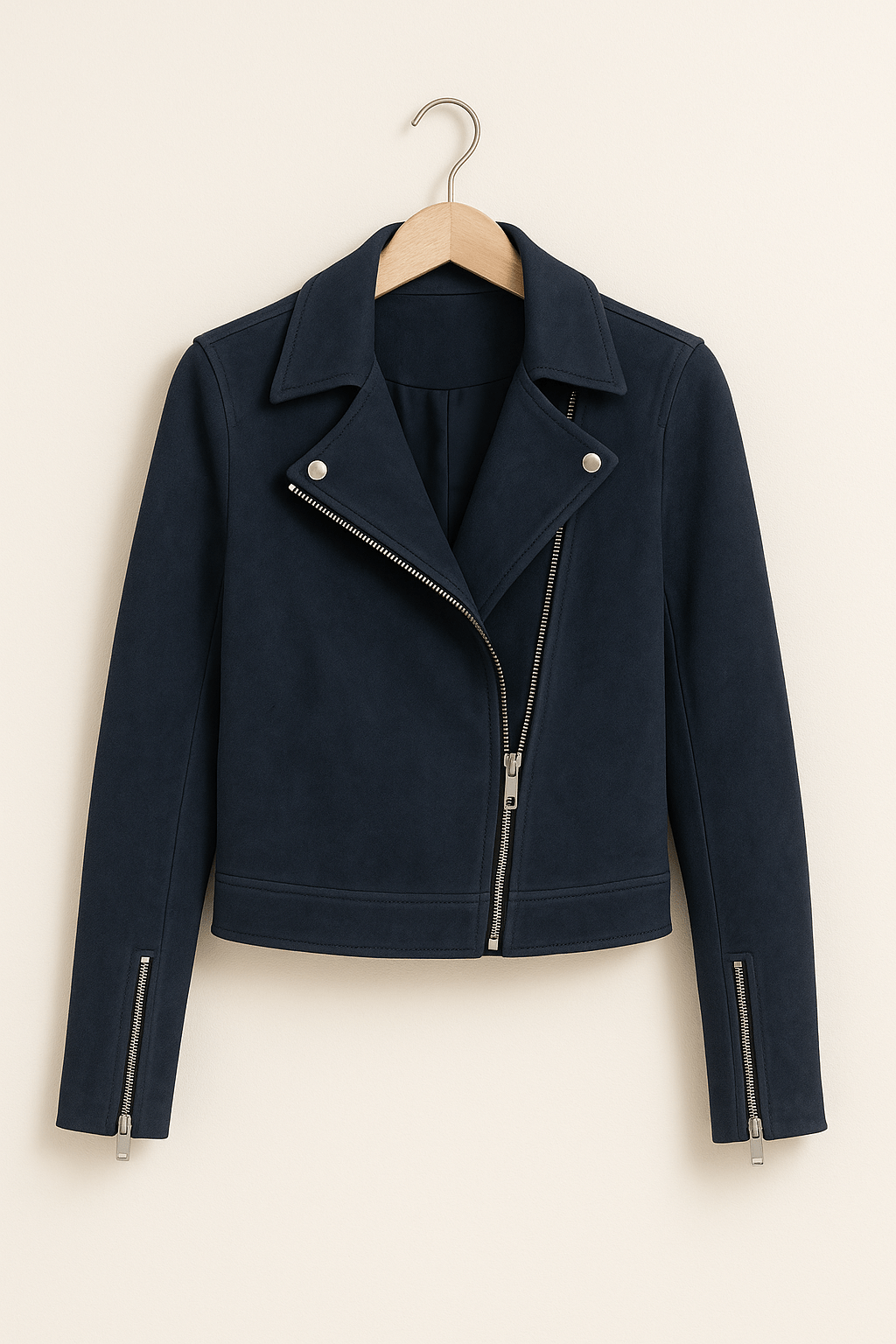 Faux suede zip-up biker jacket in Navy, hanger view