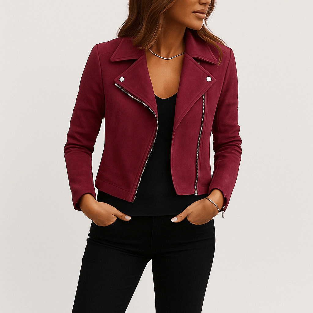 Faux suede zip-up biker jacket in Burgundy, front view