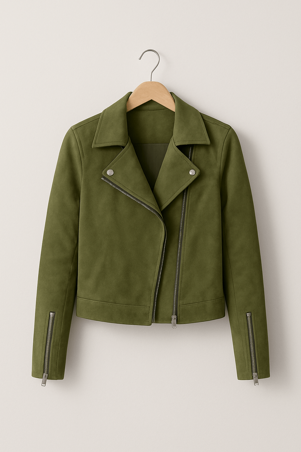 Faux suede zip-up biker jacket in Green, hanger view