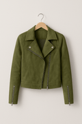 Faux suede zip-up biker jacket in Green, hanger view