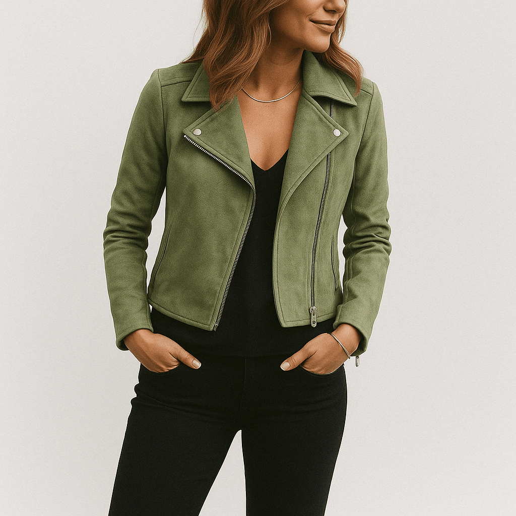 Faux suede zip-up biker jacket in Green, front view