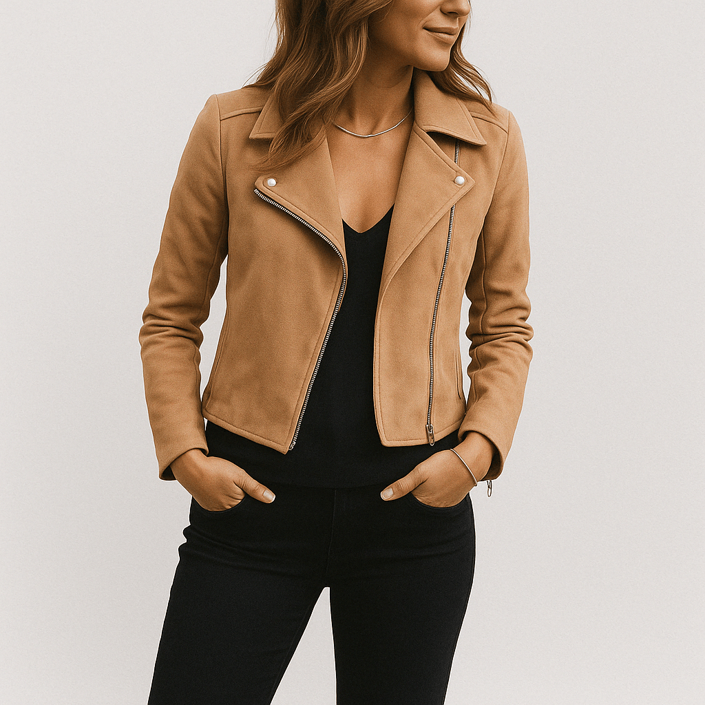 Faux suede zip-up biker jacket in Beige, front view