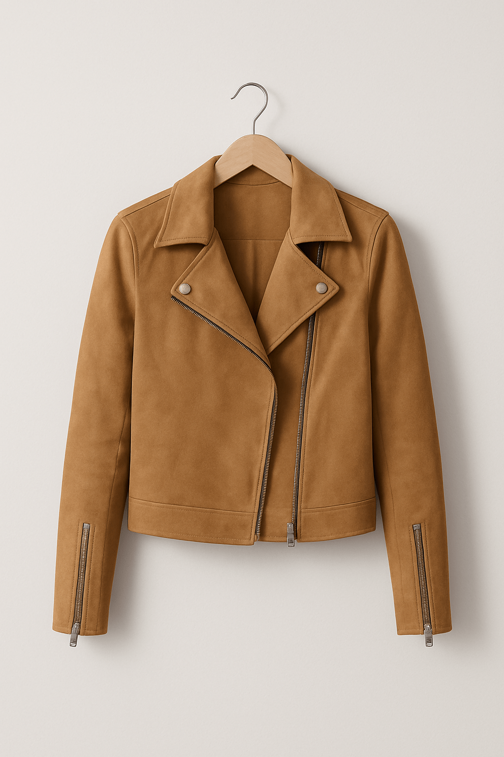 Faux suede zip-up biker jacket in Beige, hanger view