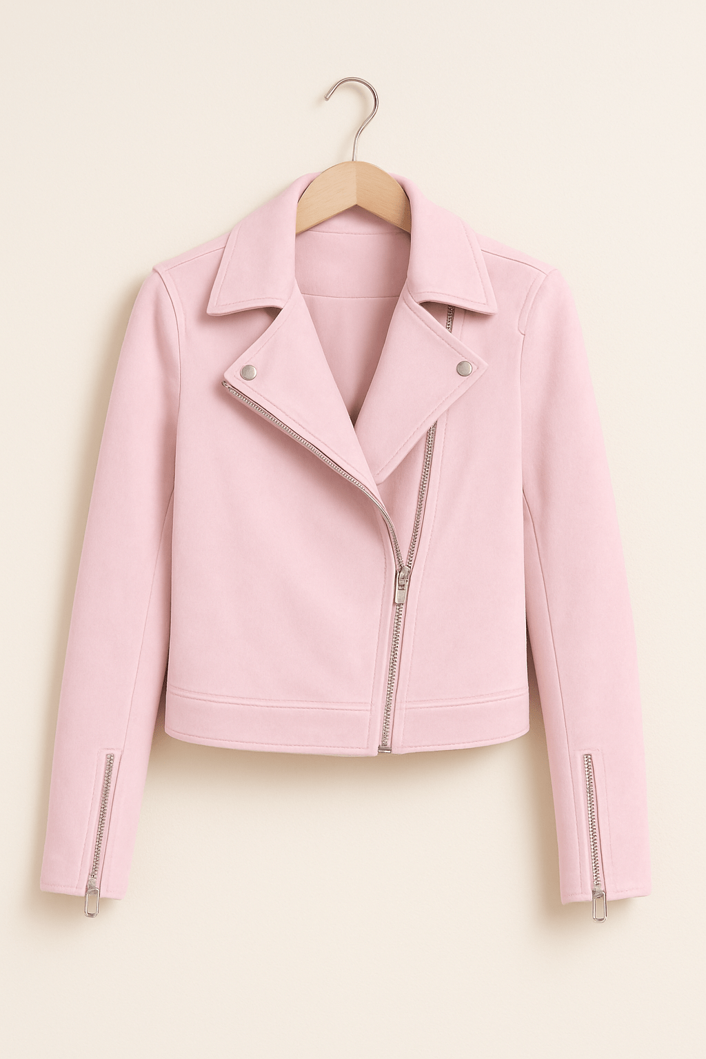 Pink faux suede biker jacket for women – sizes XS to 2XL, free UK delivery