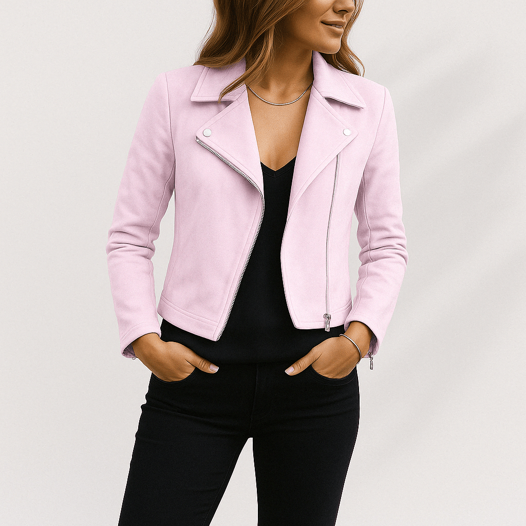 Women's pink faux suede biker jacket – soft zip moto jacket