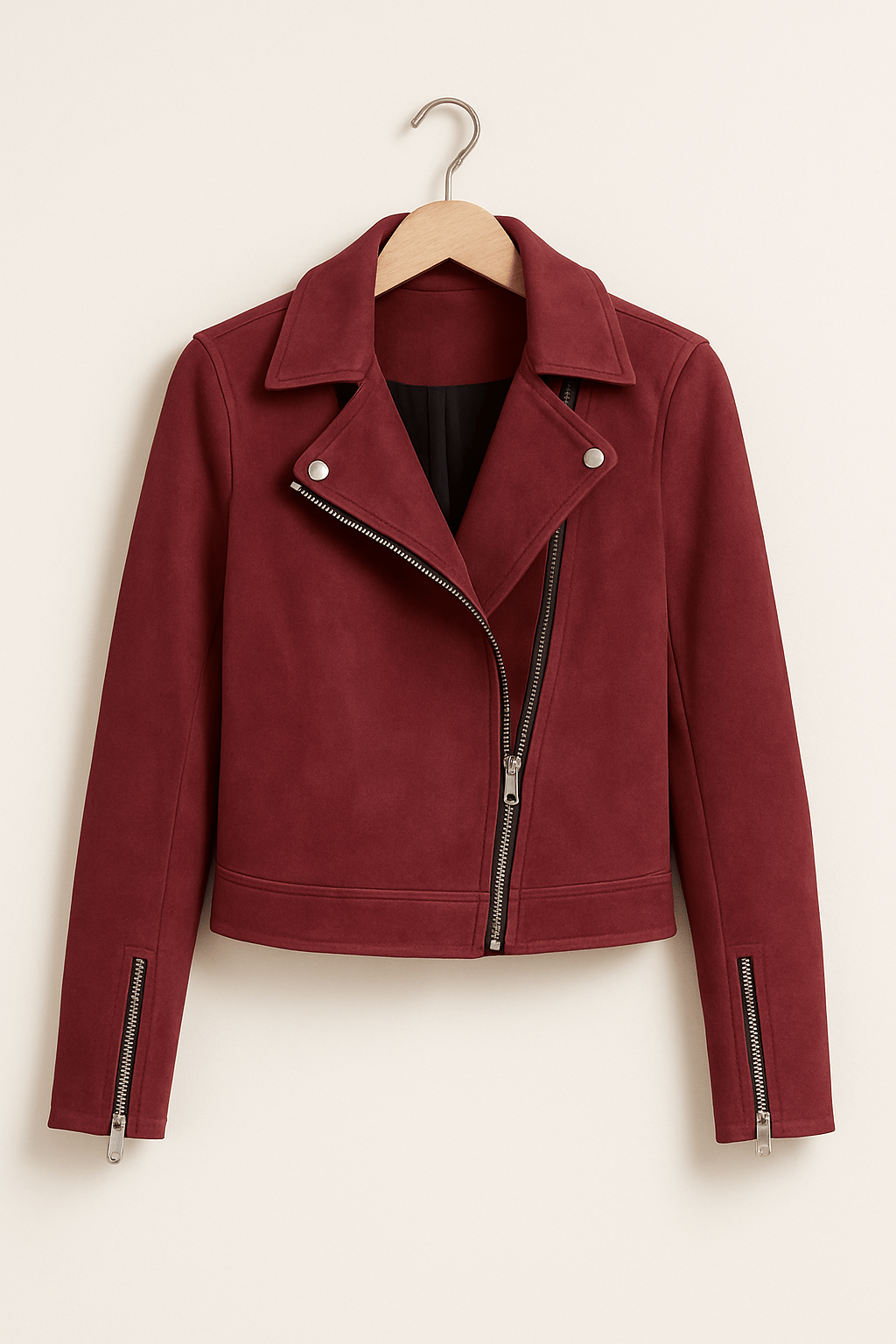 Faux suede zip-up biker jacket in Burgundy, hanger view