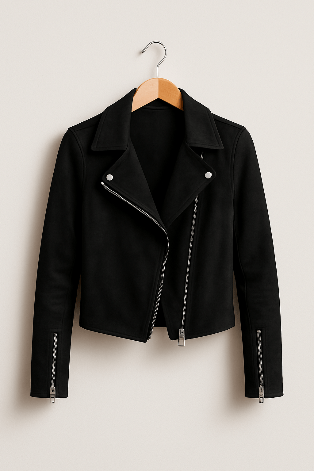 Faux suede zip-up biker jacket in Black, hanger view